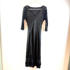 Kamarov Black Chiffon Midi Maxi Dress Crinkle Sheer Sleeve Size M Whimsigoth
